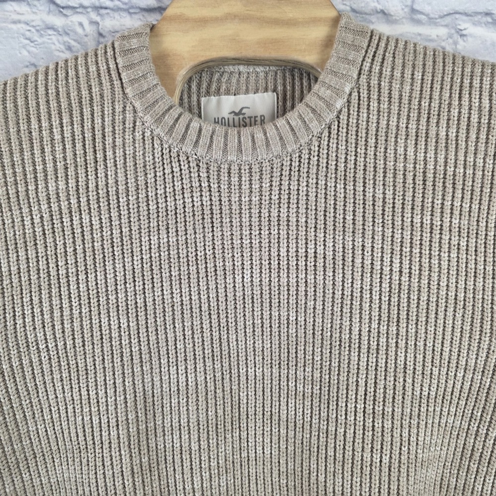 NWT Hollister Men Tan Beige Boxy Heavy Oversized Ribbed Crewneck Sweater Size XL